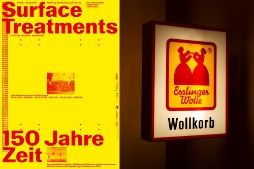 Gegenüberstellung des Plakats zu "Surface Treatments" und des Emblems "Esslinger Wolle" , beides in Rapsgelb und Tomatenrot