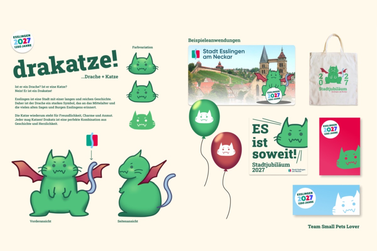 Zeichnung: Grüne Katze mit roten Drachenflügeln