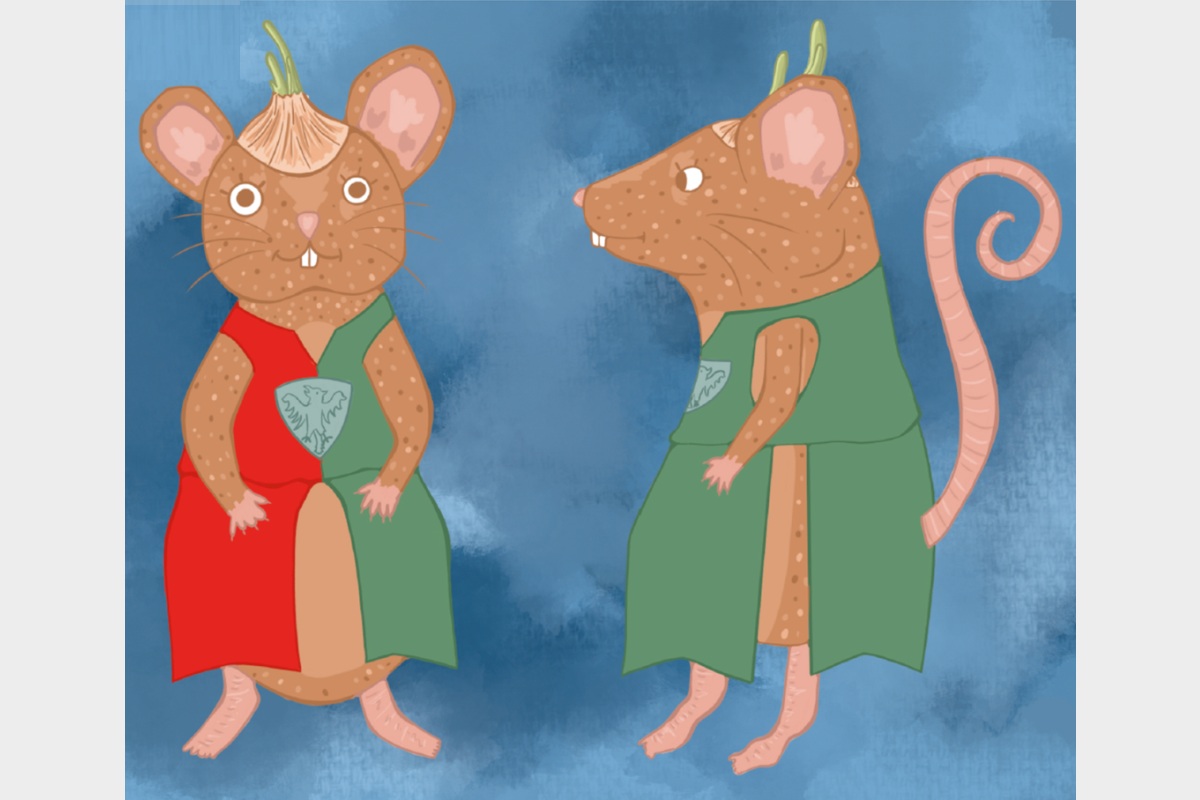 Zeichnung einer Maus mit Zwiebelhütchen und Kleidung in Stadtfarben