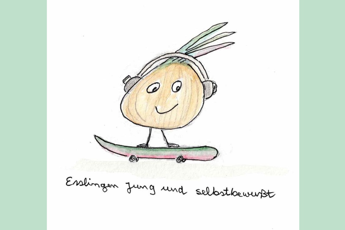Zeichnung: Zwiebel auf dem Skateboard mit Kopfhörern