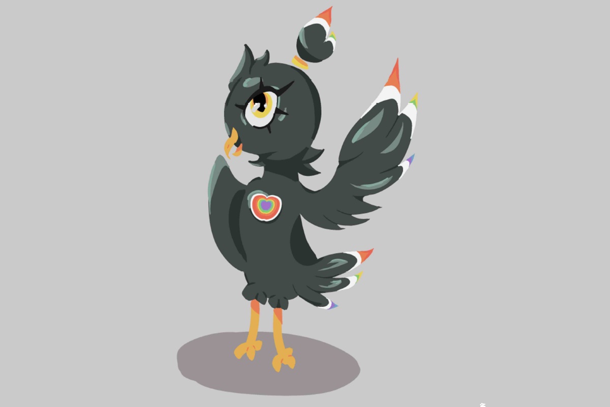 Zeichnung schwarzer Adler mit bunten Federn und Diversitätssymbol