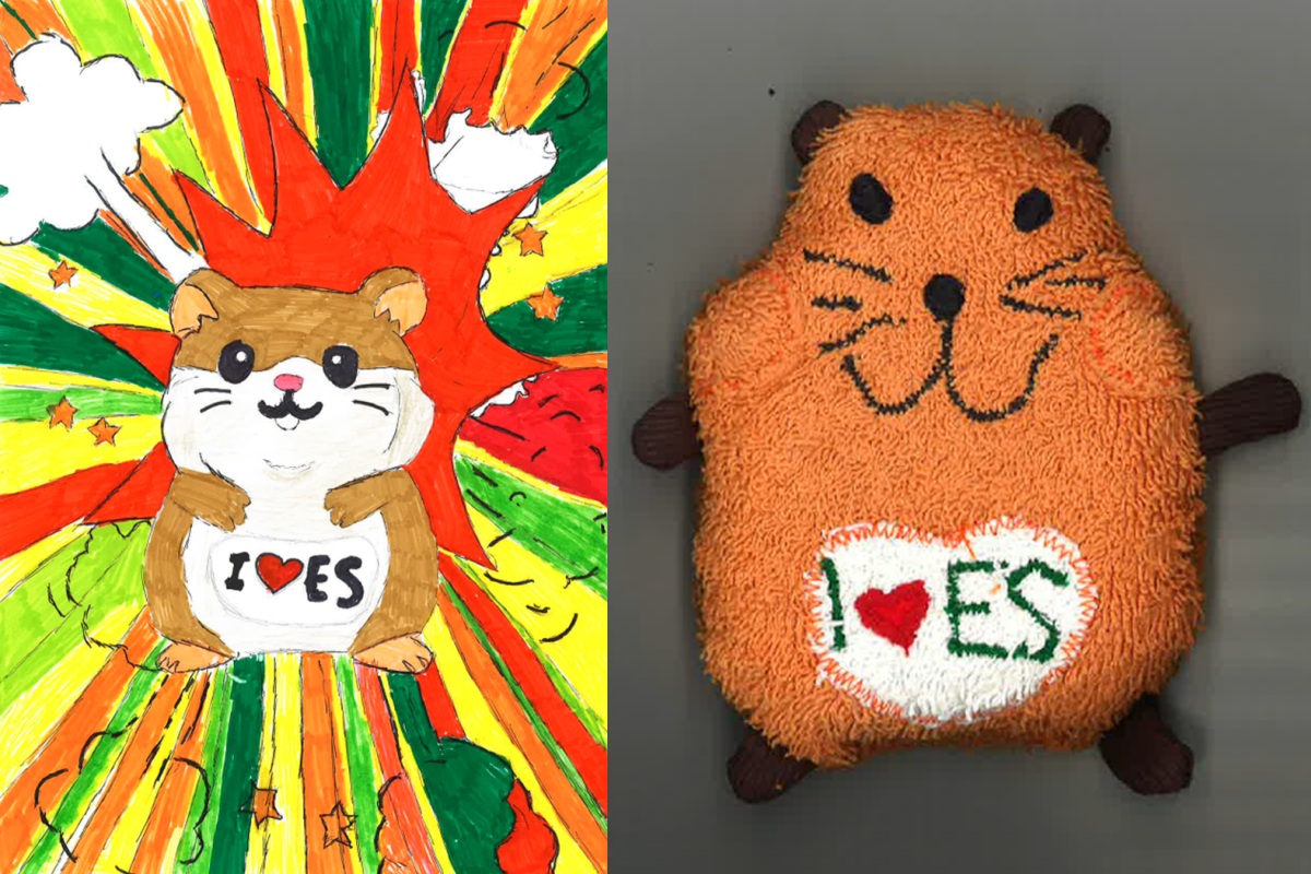 Gezeichnet und aus genäht: Hamster mit I love ES auf dem Bauch.