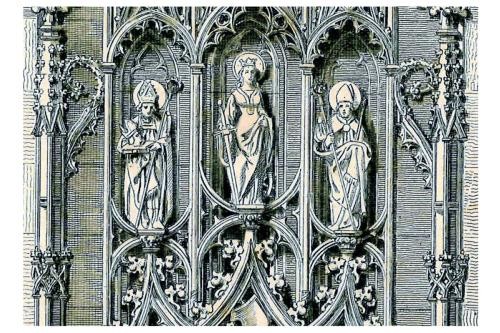 Radierung vermutlich eines Kirchenportals: Drei Heiligenfiguren stehen in kunstvoll gotisch verert Nischen