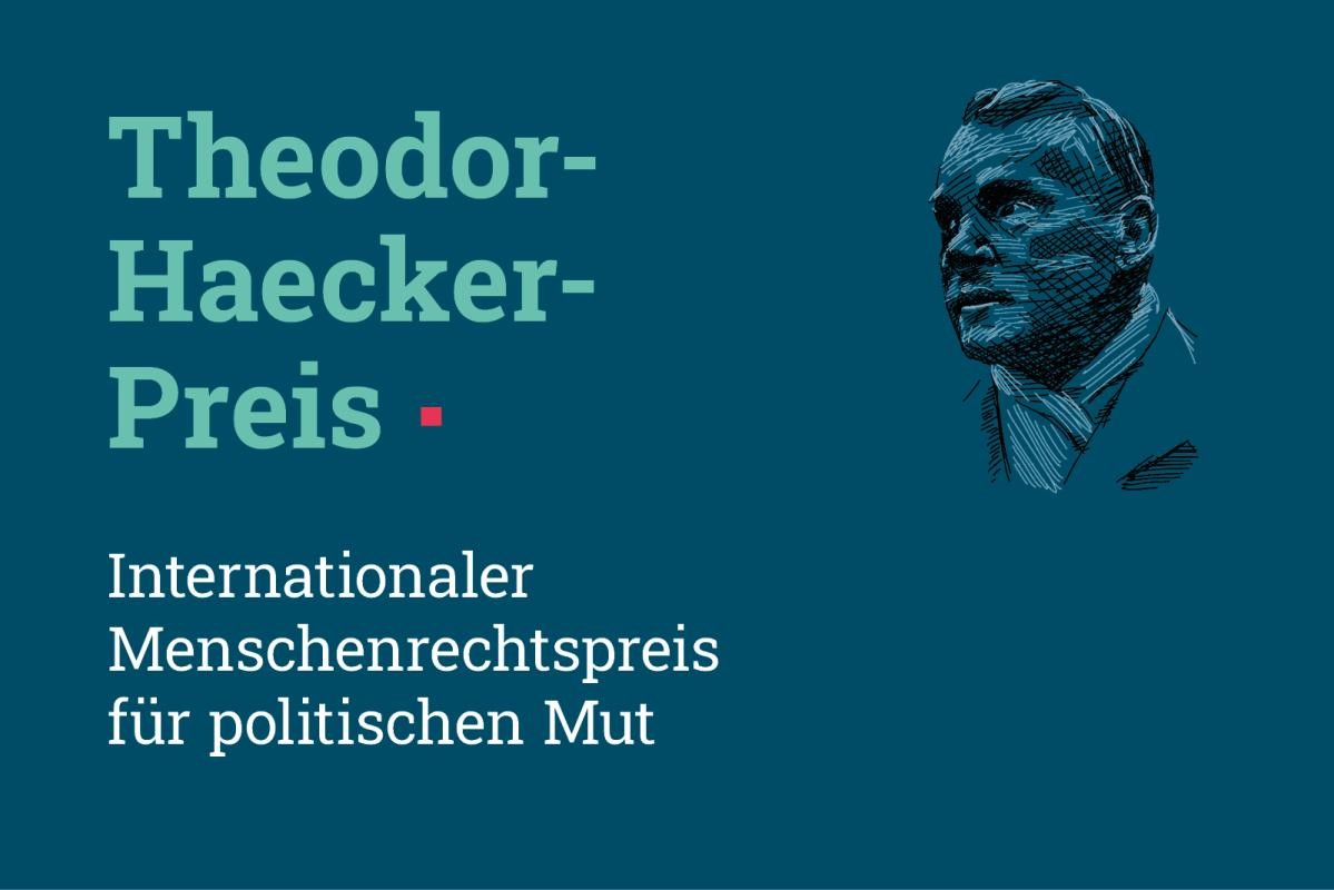 THP Grafik / Illustration © Dominique Caina Illustration eines älteren Herrn (Strichzeichnung), Text: Theodor-Haecker-Preis · Internationaler Menschenrechtspreis für politischen Mut