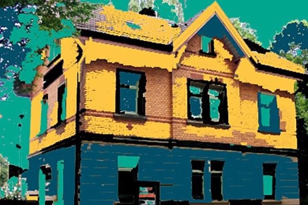 Außenansicht des Esslinger Bahnwärterhauses, eingefärbt und übermalt in gelb, grün und blau