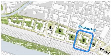 Ausschnitt aus dem Rahmenplan Neue Weststadt,in dem der Baublock B blau umrandet ist. Ausschnitt aus dem Rahmenplan Neue Weststadt,in dem der Baublock B blau umrandet ist.