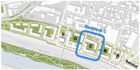 Ausschnitt aus dem Rahmenplan Neue Weststadt, in dem der Baublock C blau umrandet ist. Ausschnitt aus dem Rahmenplan Neue Weststadt, in dem der Baublock C blau umrandet ist.
