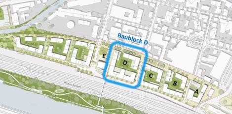 Ausschnitt aus dem Rahmenplan Neue Weststadt, in dem der Baublock D blau umrandet ist. Ausschnitt aus dem Rahmenplan Neue Weststadt, in dem der Baublock D blau umrandet ist.