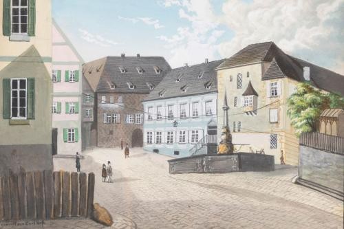 gemaltes Bild in Gouache-Farben zeigt den Hafenmarkt mit Gelbem Haus