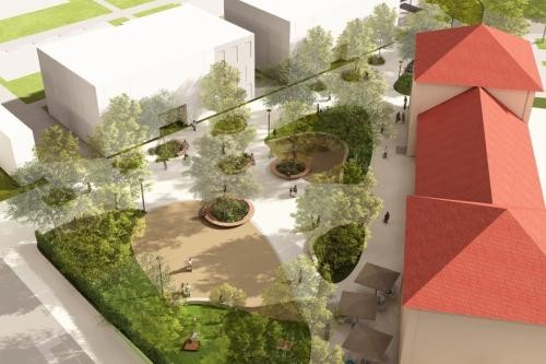 Erste Visualisierung des neuen Stadtteilplatzes mit Bäumen, Grün und Sitzbänken