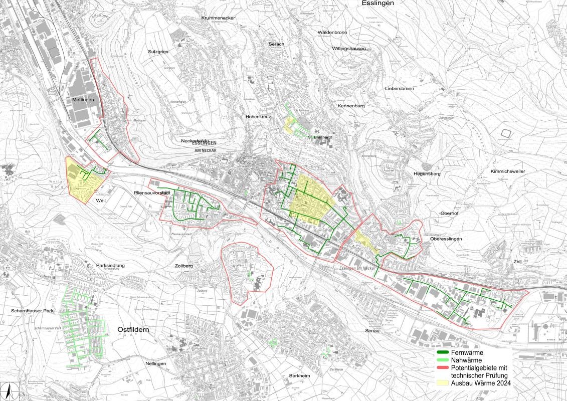 Übersichtskarte zu bestehenden und geplanten Nah- und Fernwärmenetzen sowie Potenzialgebieten in Esslingen