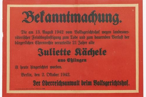 Historische Bekanntmachung von 1942 zur Hinrichtung von Juliette Kaechelé