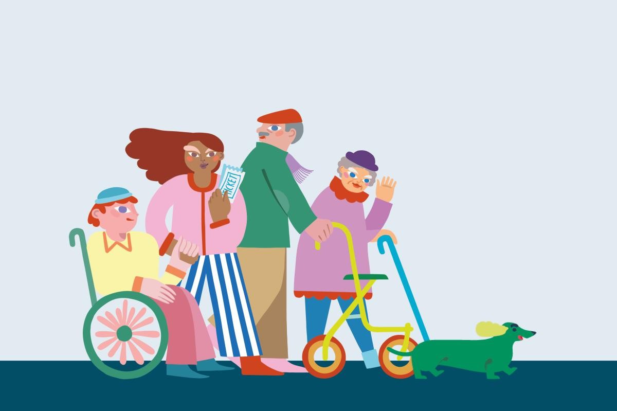 Bunte Illustration: vier Personen unterschiedlichen Alters, Geschlechts, mit und ohne Behinderung, mit und ohne Gehhilfe, verschieden gekleidet, und ein Dackel bewegen sich von links nach rechts. 