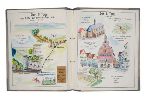 Aufgeschlagenes Reisetagebuch. Zu sehen sind der fünfte und sechste Reisetag, an welchen die Hohenneuffen und die Esslinger Altstadt besichtigt wurde.