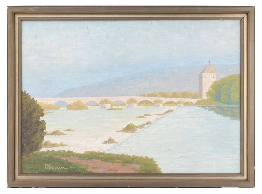 Gemälde der Pliensaubrücke mit Neckarwehr von Osten in blassen Farbtönen. Gemälde der Pliensaubrücke mit Neckarwehr von Osten in blassen Farbtönen.