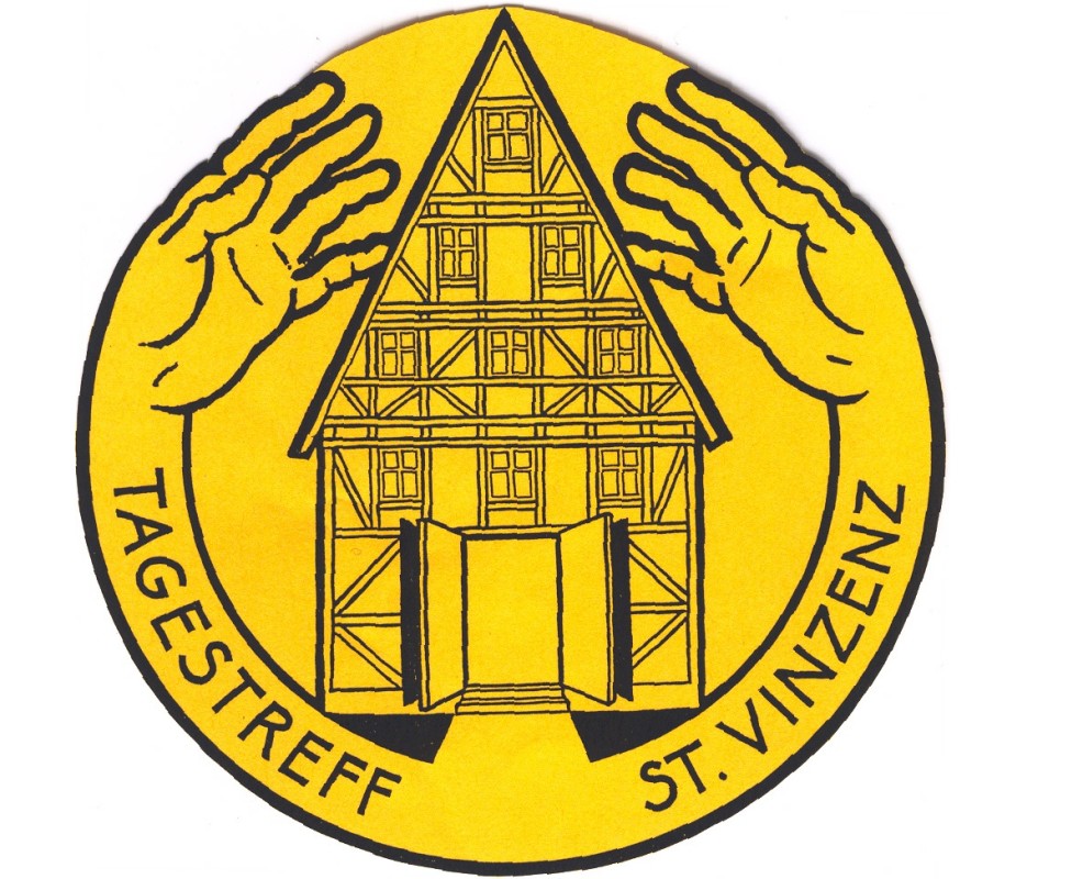 Tagestreff St. Vinzenz gelber Kreis, in er Mitte Haus mit offenem Portal umschlossen von zwei Händen, Tagestreff St. Vinzenz