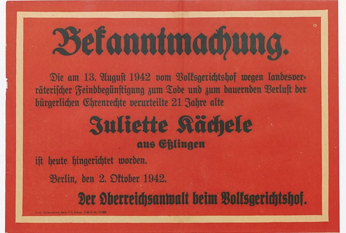 Bekanntmachung v. 1942, ©Bundesarchiv Berlin, BArch R 301718319 Historische Bekanntmachung von 1942 zur Hinrichtung von Juliette Kaechelé