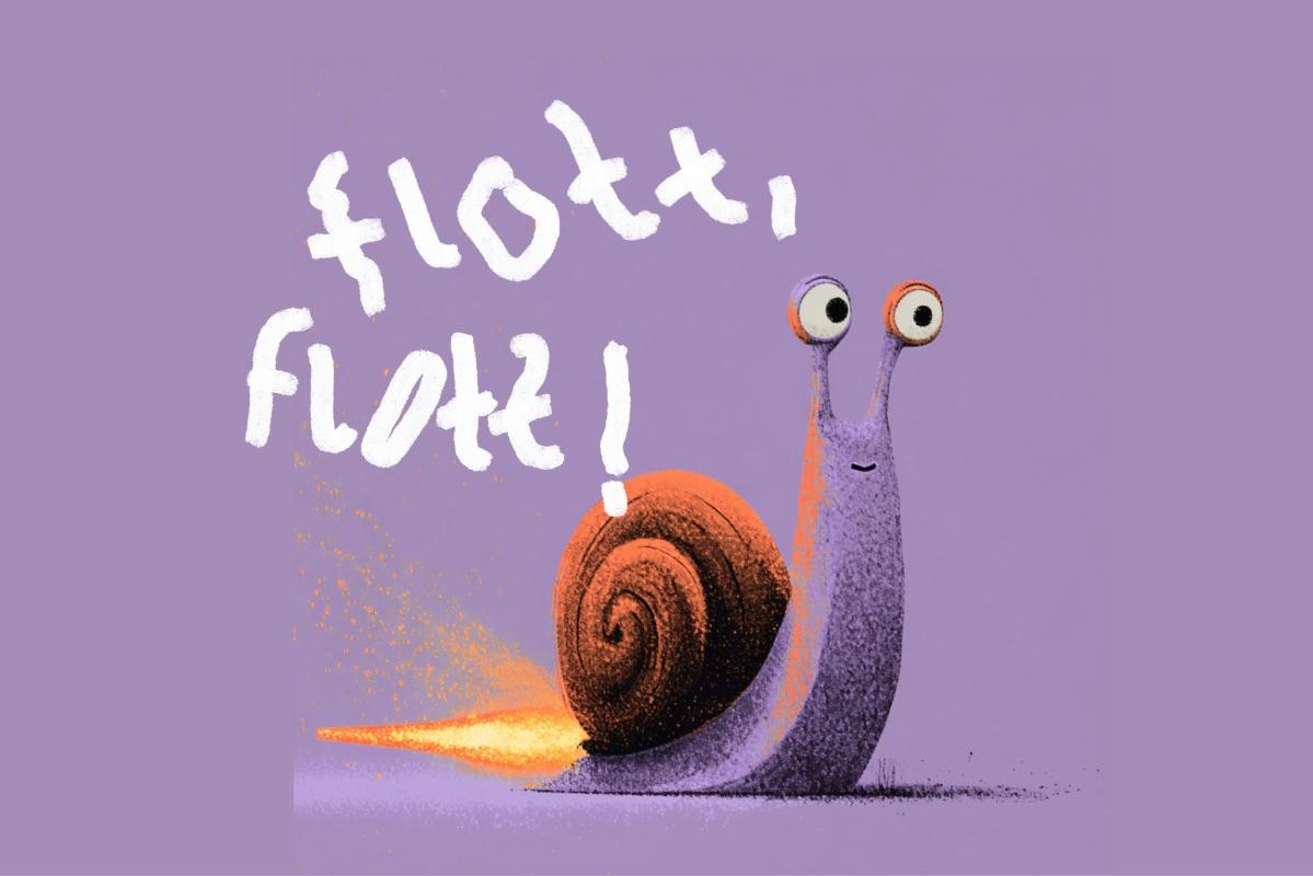 Raketenschnecke Grafik: Eine Comicschnecke mit Stielaugen und verschmitztem Gesichtsausausdruck. Hinter ihr ein Feuerstrahl wie hinter einer Rakete.