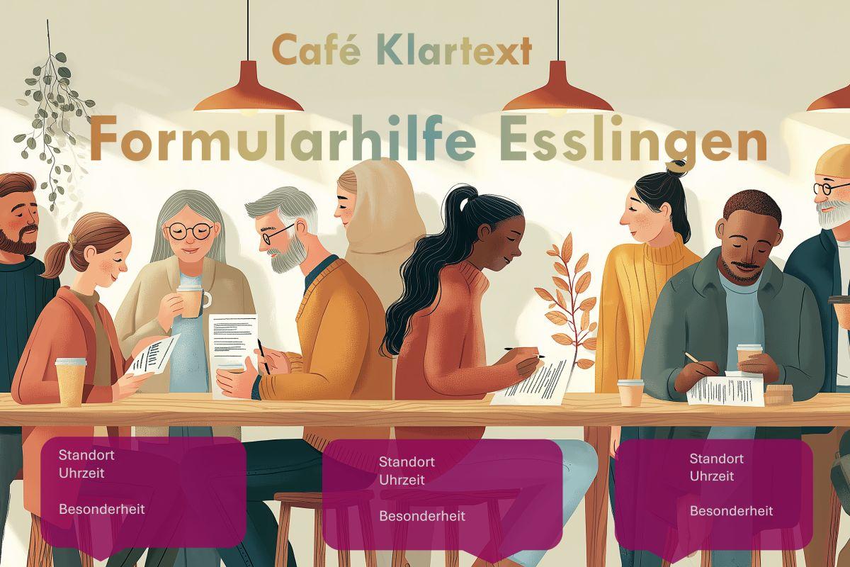 Grafik: Menschen an Tischen, die bei einem Becher Kaffee Unterlagen ausfüllen.