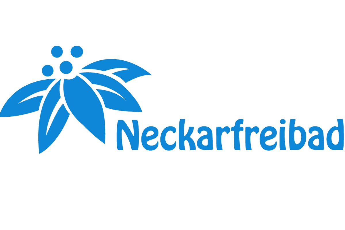 Logo Neckarfreibad, blauer Schriftzug + blaue Blume