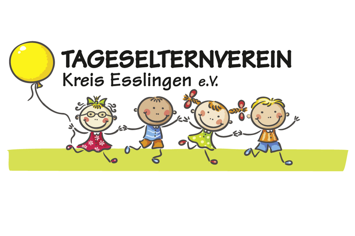Logo Tageselternverein Kreis Esslingen e.V., Schrift + Zeichnung: vier Kinder auf Wiese, Kind links mit gelbem Ballon