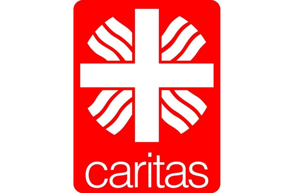 caritas Logo, roter Hintergrund, weiße Schrift: caritas, weißes Kreuz