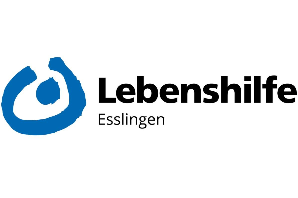 Logo: Schrift schwarz: Lebenshilfe Esslingen, blauer Kreis, oben offen mit blauem Punkt in der Mitte