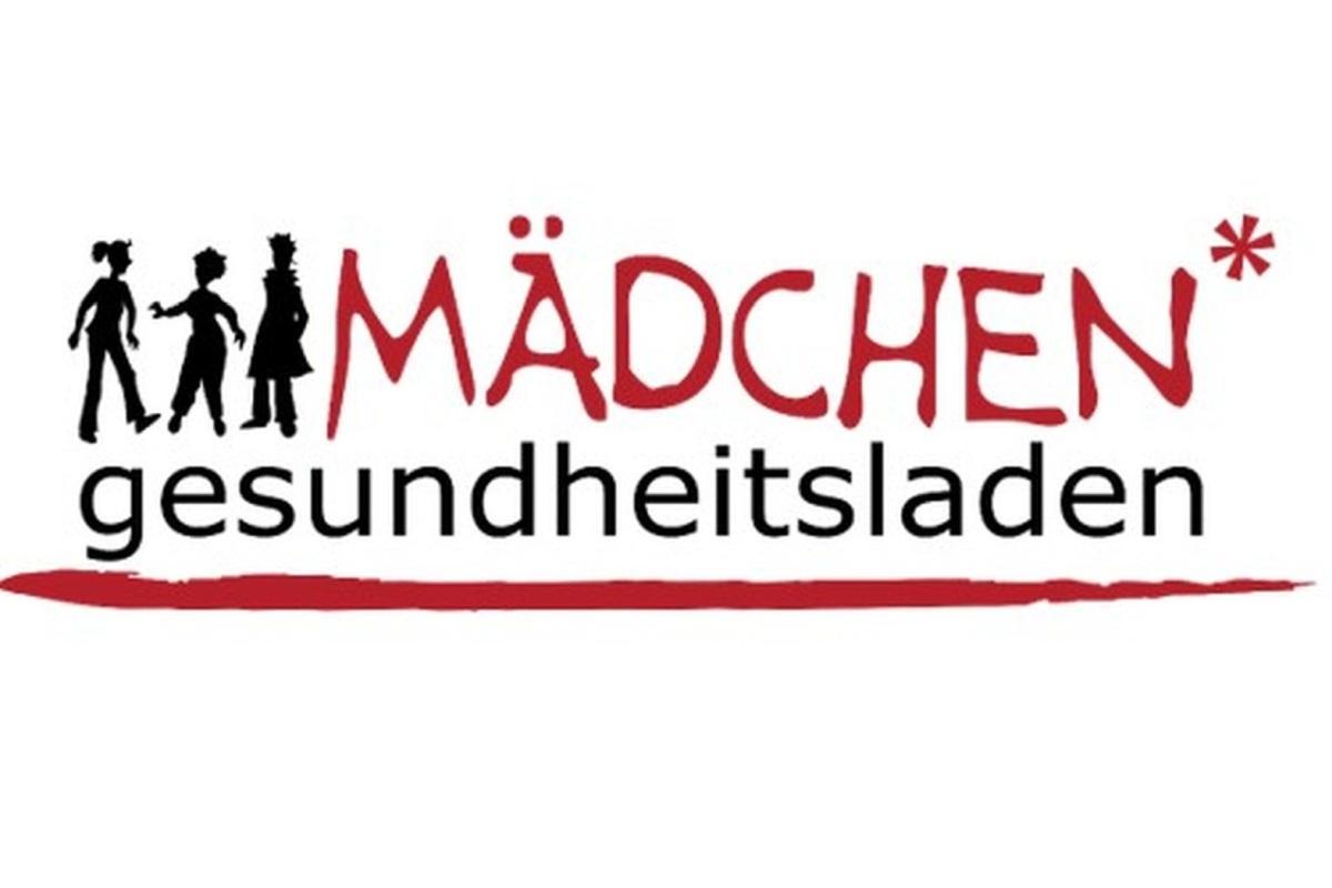 Logo Mädchen Gesundheitsladen: rote Schrift: Mädchen, schwarze Schrift: gesundheitsladen, skizzierte Frauen