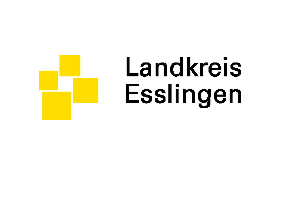 Bild-Wortmarke Landkreis Esslingen, schwarze Schrift, vier gelbe Quadrate, unterschiedliche Größe, im Quadrat angeordnet