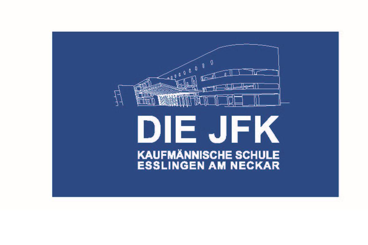 Bild-Wort-Marke DIE JFK Kaufmännische Schule Esslingen am Neckar, blauer Hintergrund, weiße Strich-Zeichnung Schulgebäude