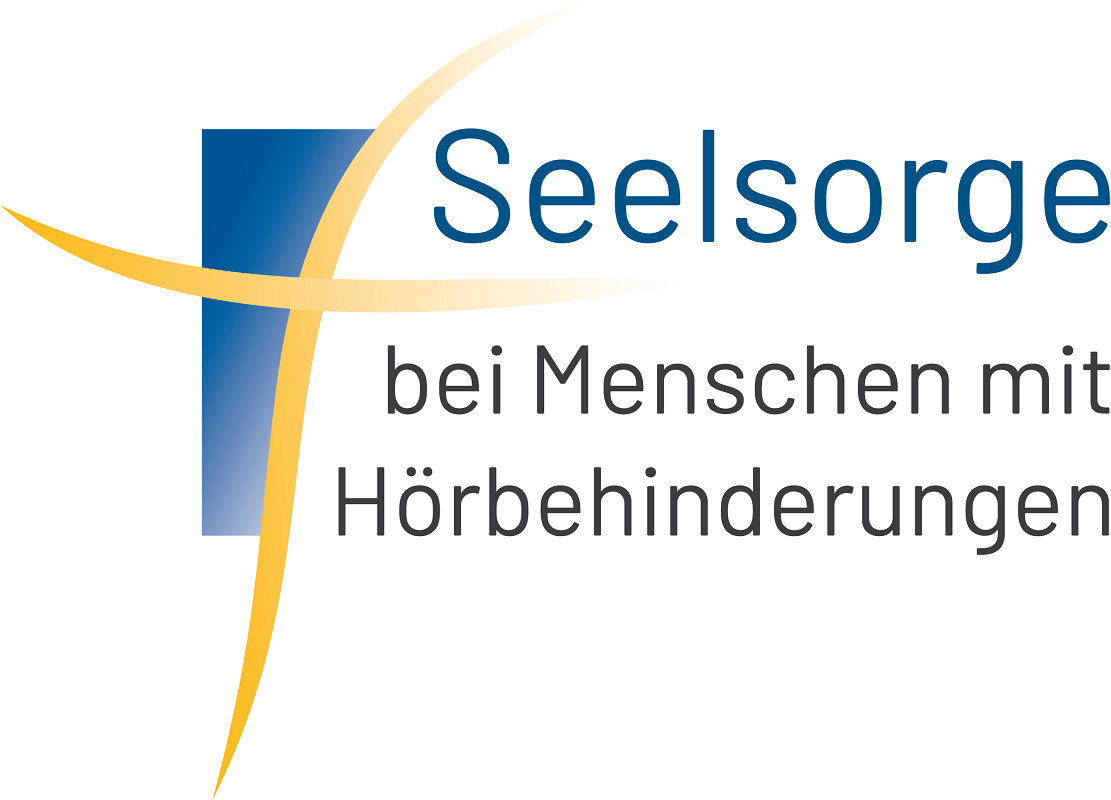 Wortmarke Seelsorge bei Menschen mit Hörbehinderung mit Grafik links: blaues Feld mit abstrahiertem Kreuz