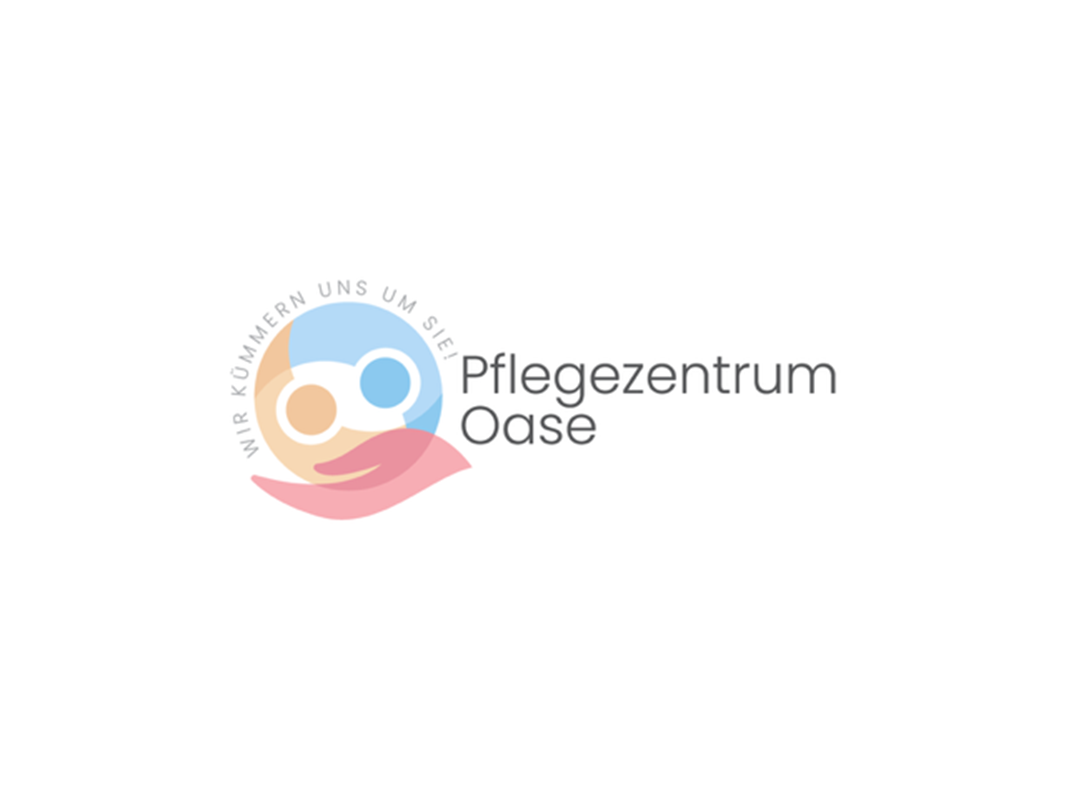 Logo Pflegezentrum Oase, stilisierte Hand hält farbigen Kreis mit Slogan: Wir kümmern uns um Sie