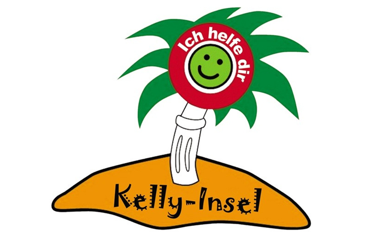 Logo Kelly-Insel: Palme mit lachendem Gesicht, weiße Schrift: Ich helfe dir