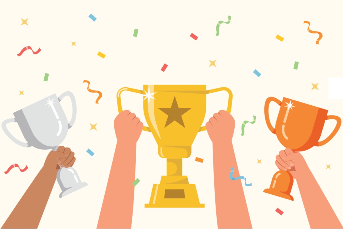 Zeichnung Hände halten Pokale in gold, silber und bronce in die Höhe.