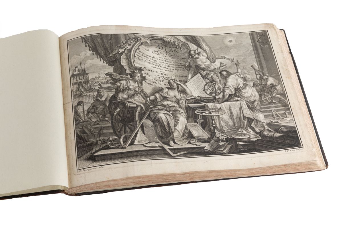 Aufgeschlagenes Buch mit Darstellung verschiedener geographischer und geometrischer Elemente.