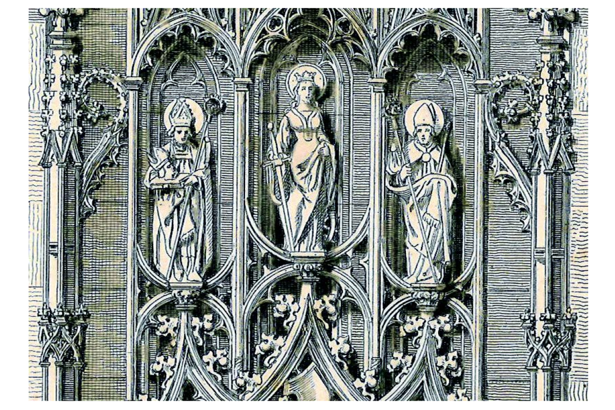 Titelbild der Esslinger Studien 52 ©Stadtarchiv Esslingen Radierung vermutlich eines Kirchenportals: Drei Heiligenfiguren stehen in kunstvoll gotisch verert Nischen