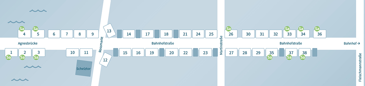 Plan von Agnesbrücke bis Bahnhof, die einzelnen Stände sind mit Nummerierung eingezeichnet.