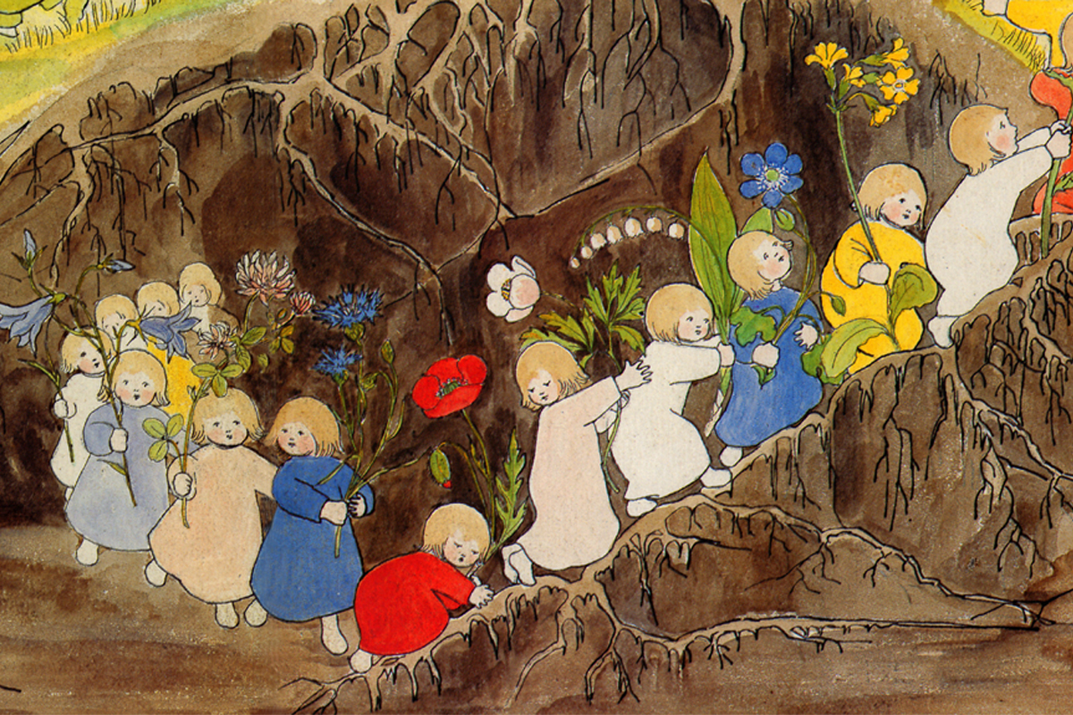 Detail einer Illustration "Wurzelkinder": Die Wurzelkinder steigen einen unterirdischen Weg empor.