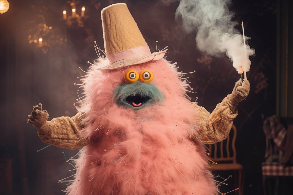 Gefühlsmonster "Überraschung" © Studio Erika rosa Plüschmonster mit Hut, gelben Augen und einer Rauchfackel in der Hand