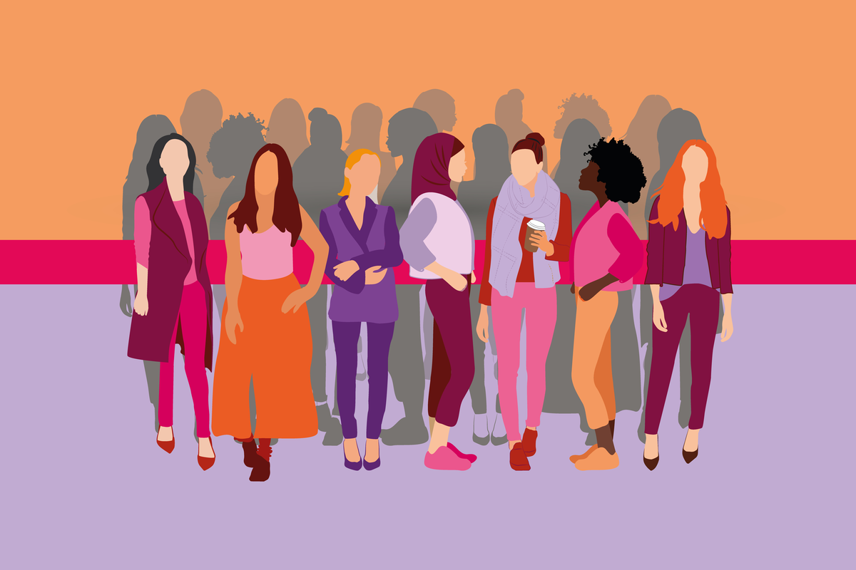 Eine Gruppe diverser Frauen im Business Look steht vor einer Linie