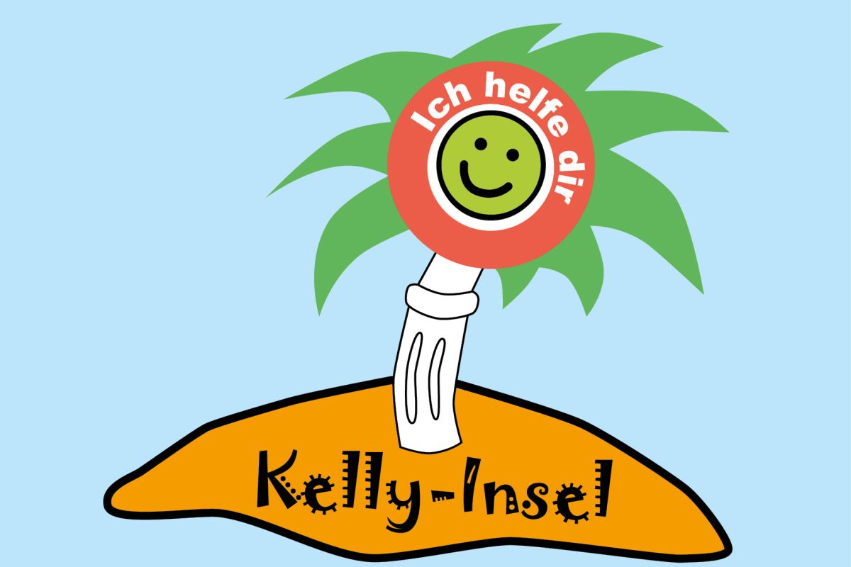 Logo Kelly-Insel: Eine lächelnde Kelle wie eine Palme mit Blättern auf einer kleinen Insel. 