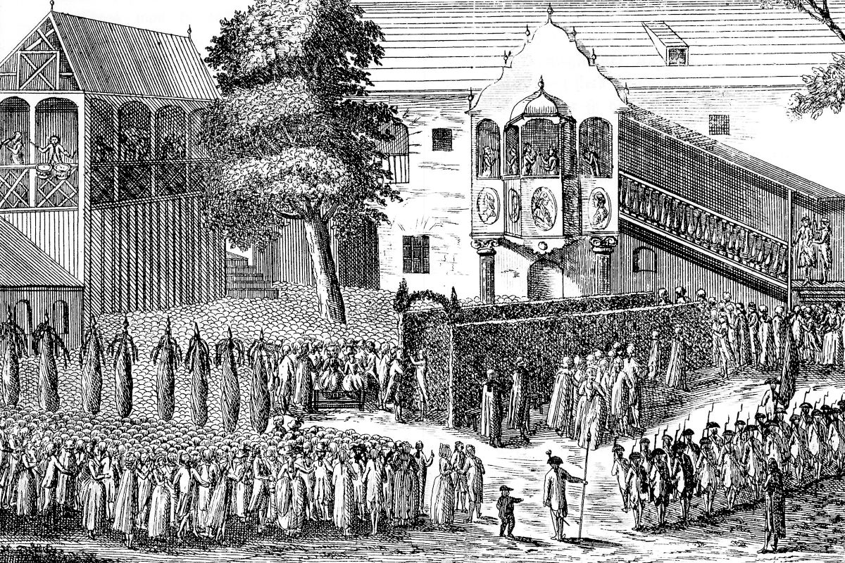 Kupferstich, zeigt eine Versammlungsszene im Schwörhof