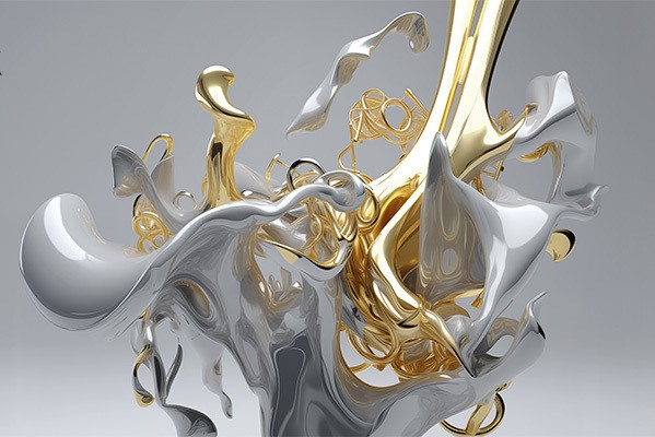 Abstrakte Komposition aus goldenen und silbrig-grauen Formen vor hellem Hintergrund