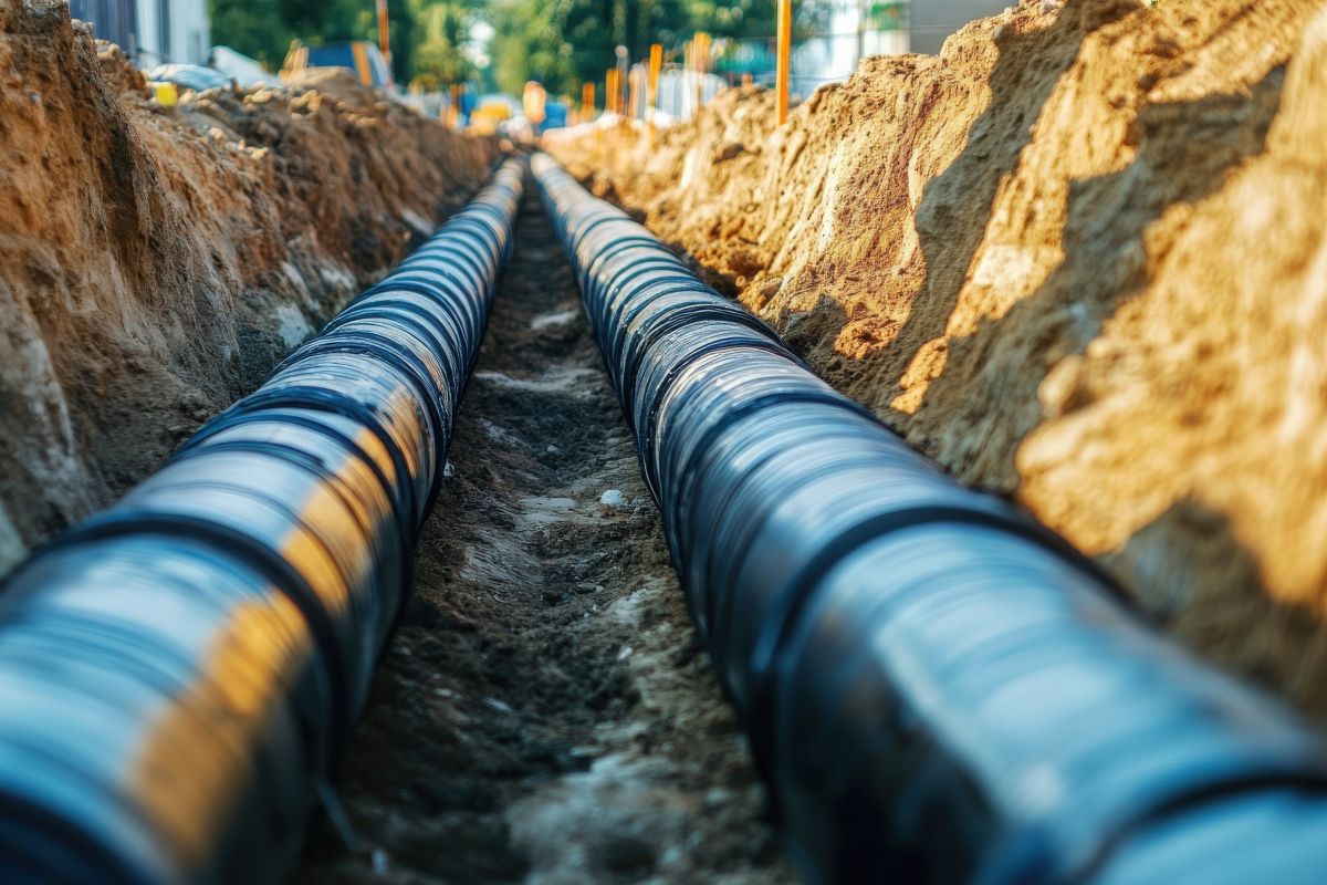 Blick in eine Baugrube auf zwei Fernwärmeleitungen.