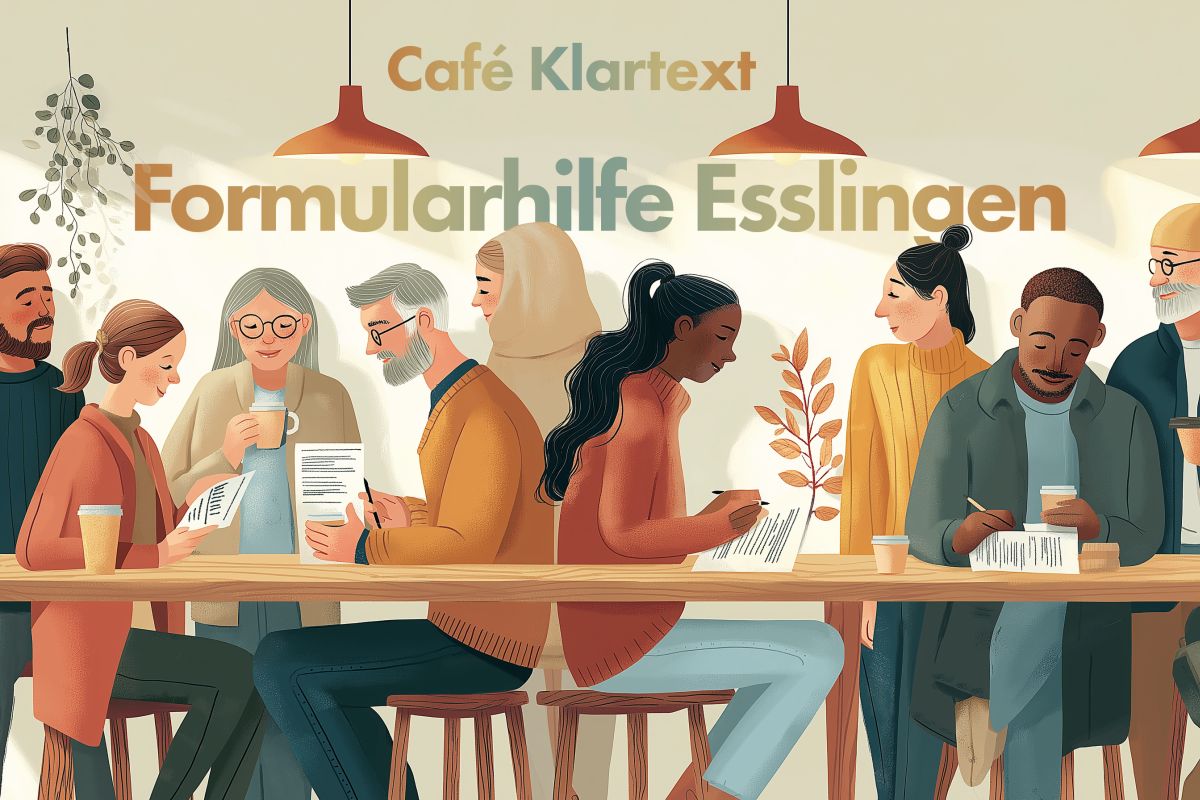 Zeichnung: Menschen in einem Café. Schriftzug Café Klartext Formularhilfe Esslingen