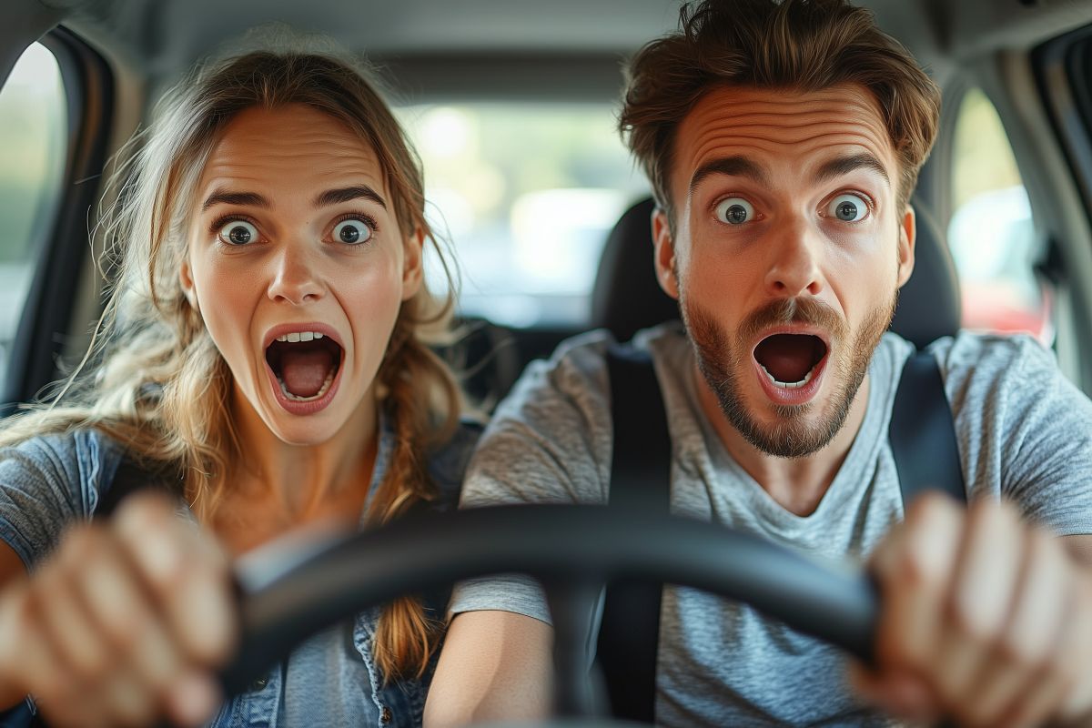 Erschrockenes junges Paar im im Auto.