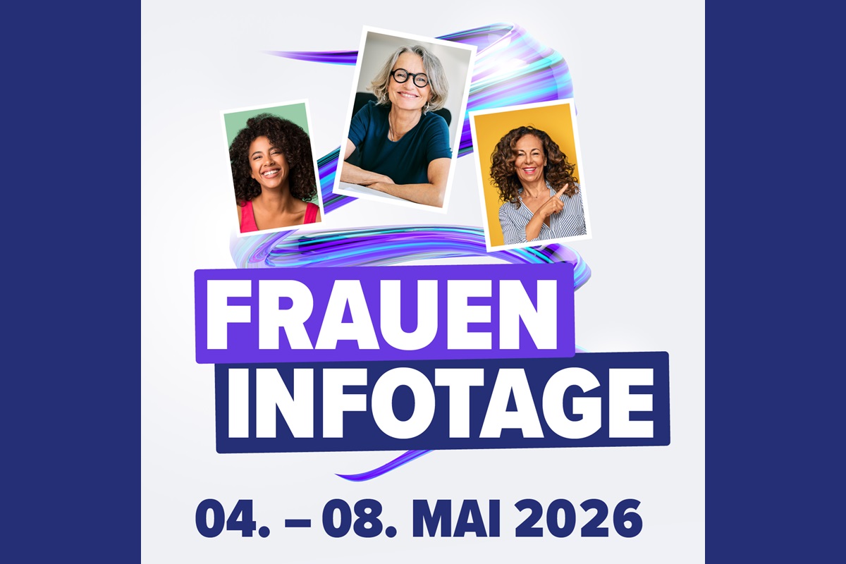 Grafik zu den Frauen-Infotagen 2026 mit drei Porträts von Frauen unterschiedlicher Altersgruppen und dem Schriftzug „Frauen Infotage, 04.–08. Mai 2026“