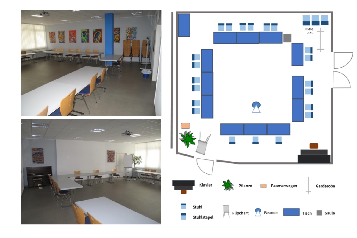 Zwei Fotos des Saals aus unterschiedlichen Perspektiven und der Raumplan