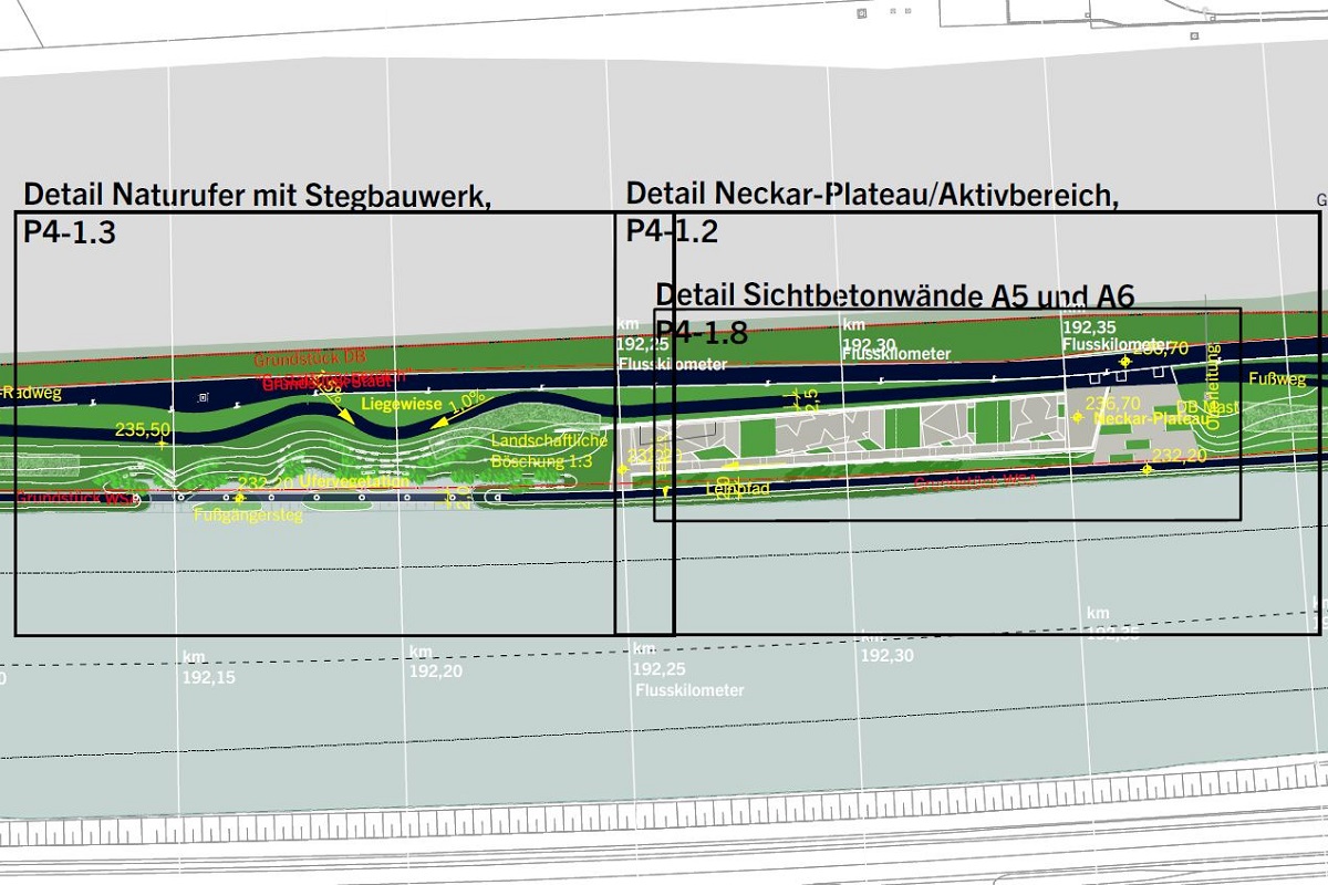 Ausschnitt aus dem Entwurfsplan, Details Naturufer und Neckar-Plateau