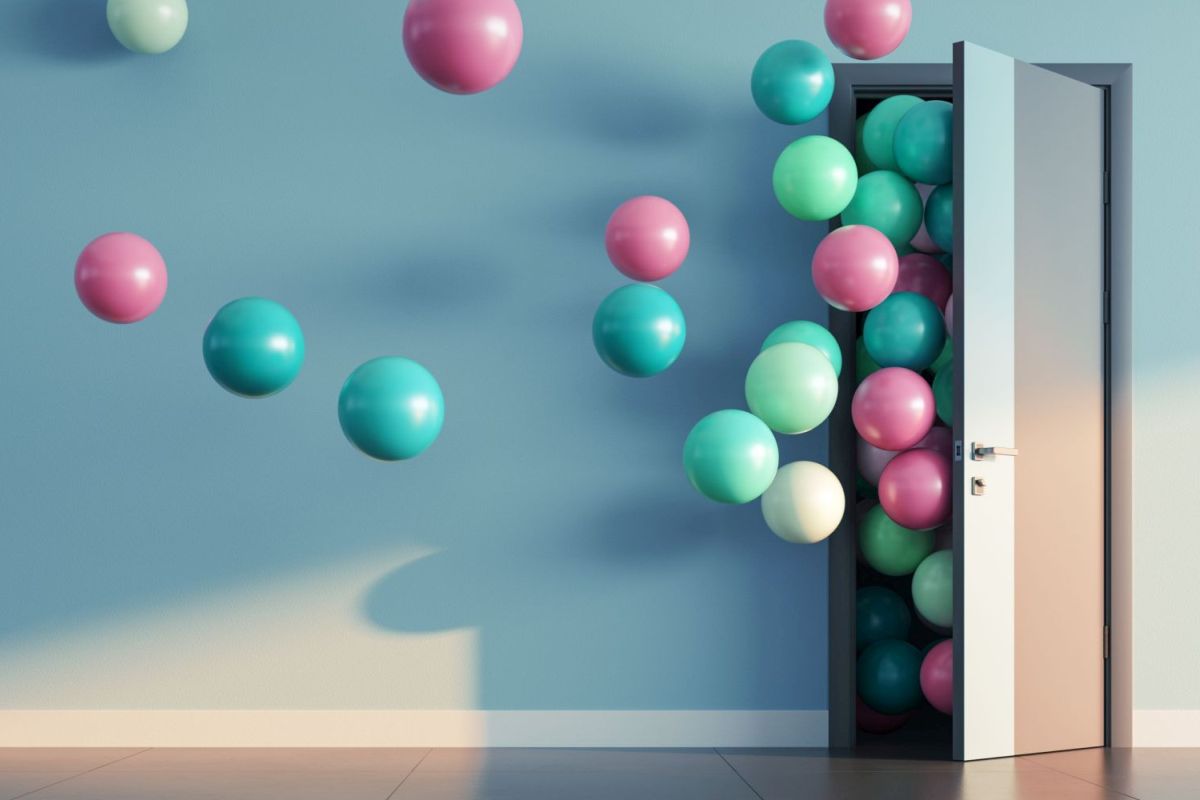 Luftballons fliegen durch eine offene Tür